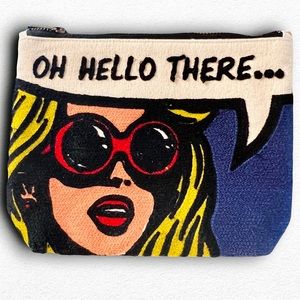 Embroidered Cream Makeup Bag, Artistic Zipper Pouch, Graphic Pop Art Design